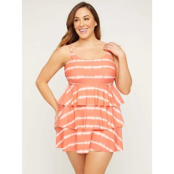 Catherines Other - NWT Catherine's Tie Dye Tiered Swim Dress Coral Striped Plus Size 18W